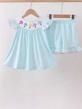 Girls' Light Blue Check Set with Umbrella Embroidery